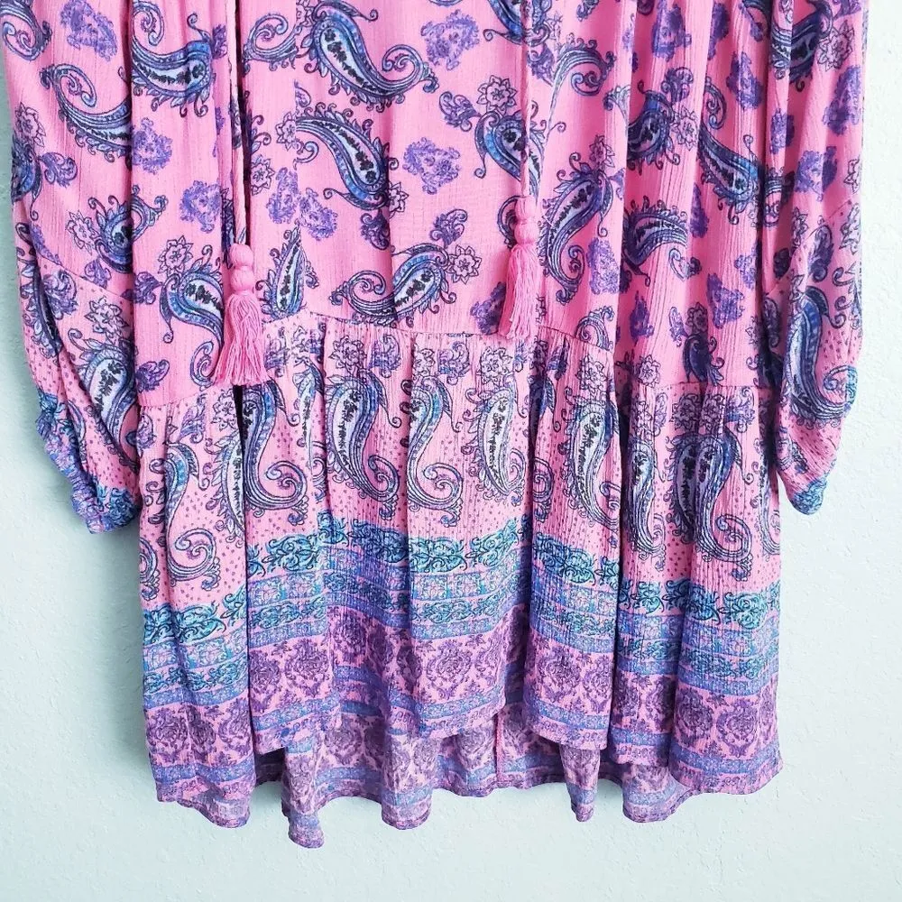 Scoop Crochet Pink Bohemian Long Sleeve Mini Dress - Image 2