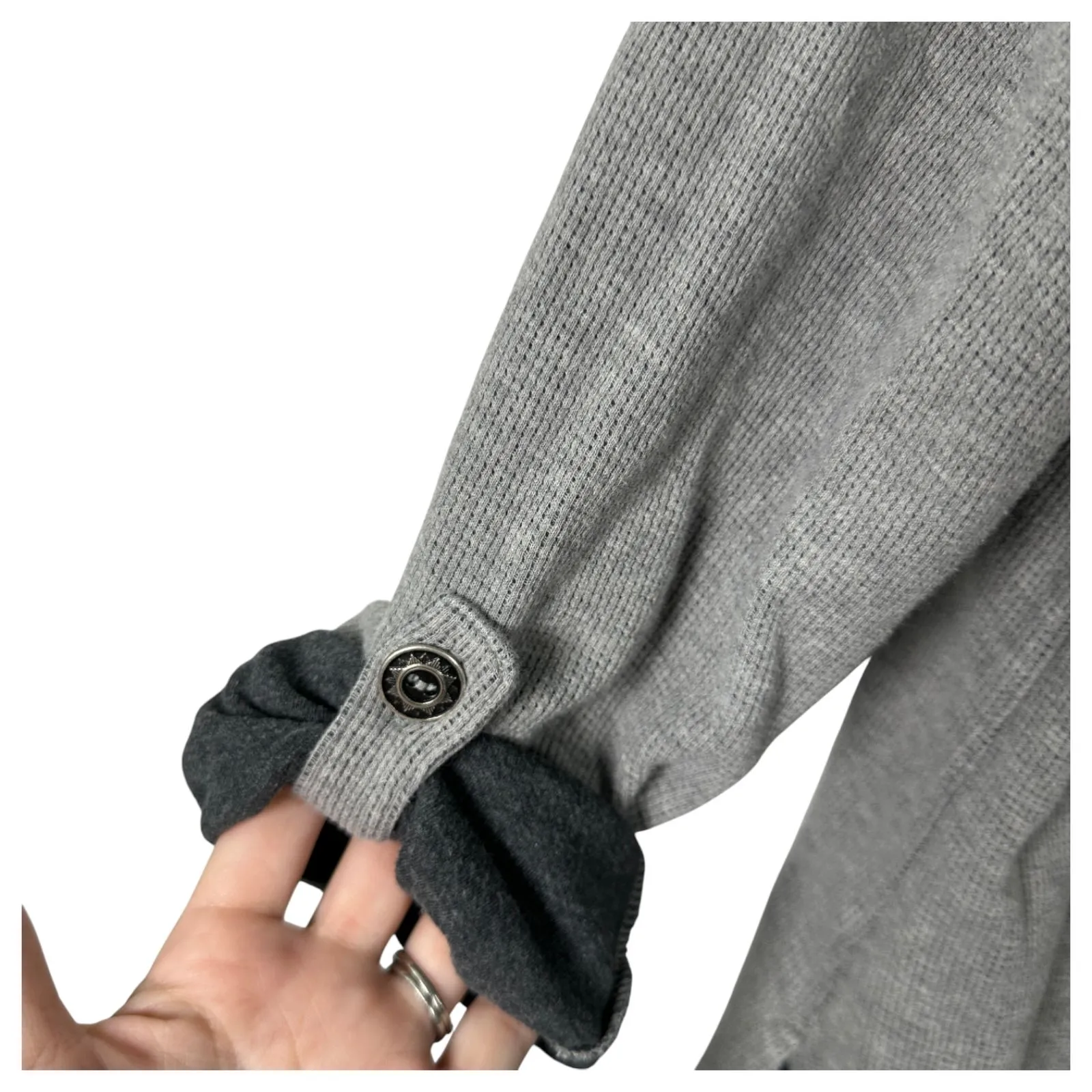 Neon Buddha Grey Gray Waffleknit Quirky Boho Button Roll Tab Sleeve Shirt Medium - Image 5