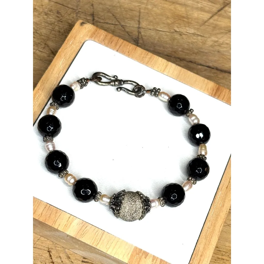 Handcrafted Black Beaded Bracelet With Pearl Accents & Silver-Tone Clasp - Image 5