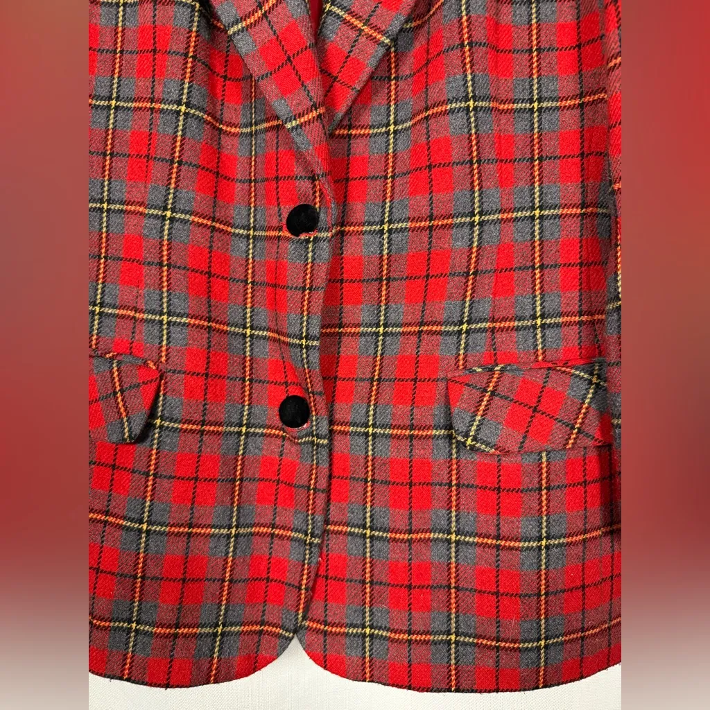 Vintage Panther Red and Grey Plaid Black Velvet Collar Blazer 18 - Image 6
