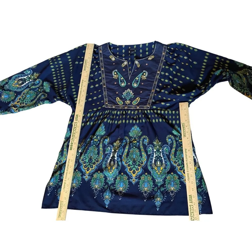 Westbound Womens XL Boho Embroidered V-Neck Pullover Blouse  Navy/Green Sequins - Image 11