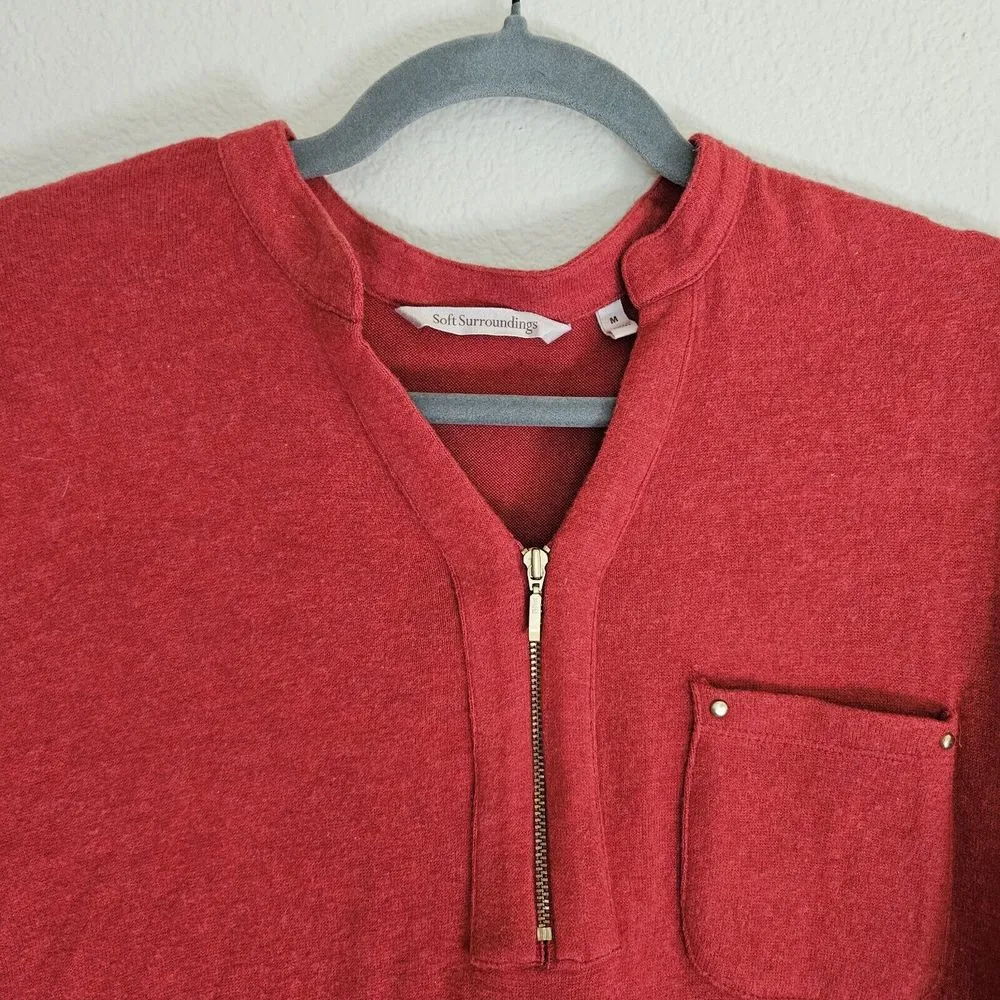 Soft Suroundings Soft Knit Roll Tab 1/4 Gold Zip Tunic Womens Size M Red - Image 4