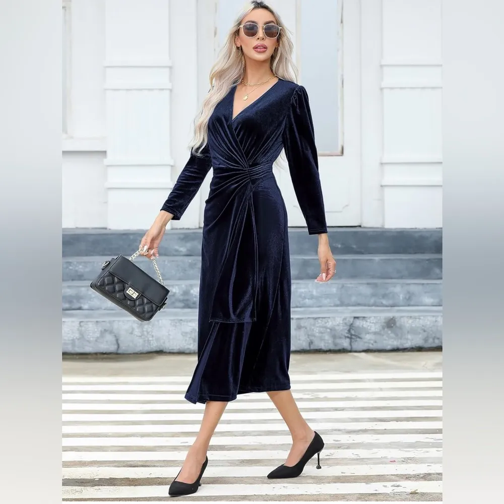 NEW Velvet V Neck Wrap Dress Long Sleeve Waist Ruched Elastic Midi Dress S Blue - Image 5
