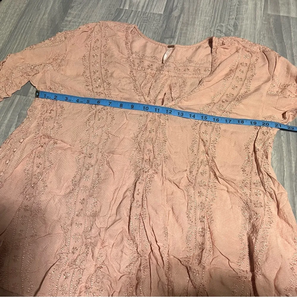Free People Pink Embroidered Trapeze Long Sleeves Viscose V- Neck Tunic; XS - Image 2
