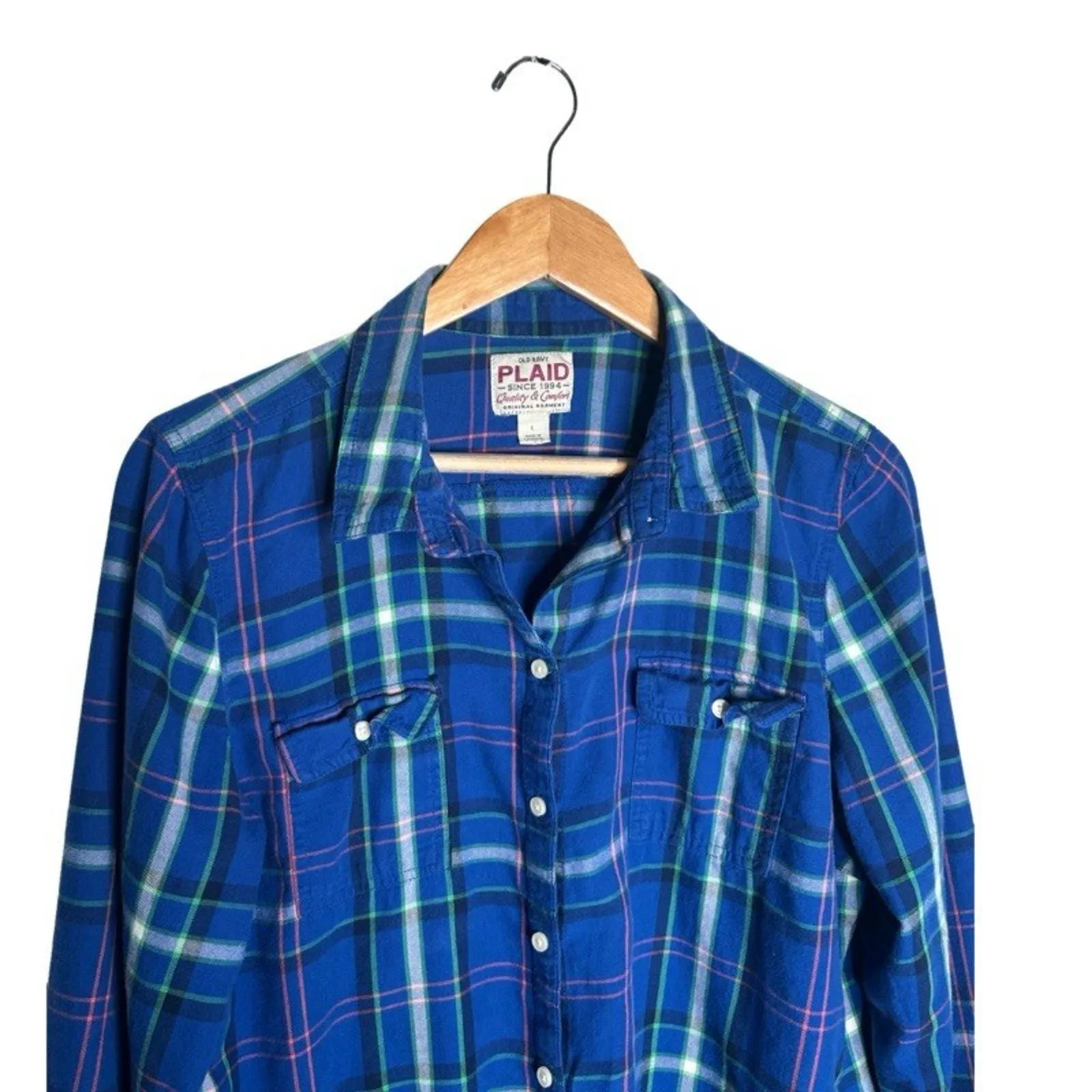 Old Navy PLAID Button Up Size Large Blue Green Pink Soft Lightweight Casual - Image 3