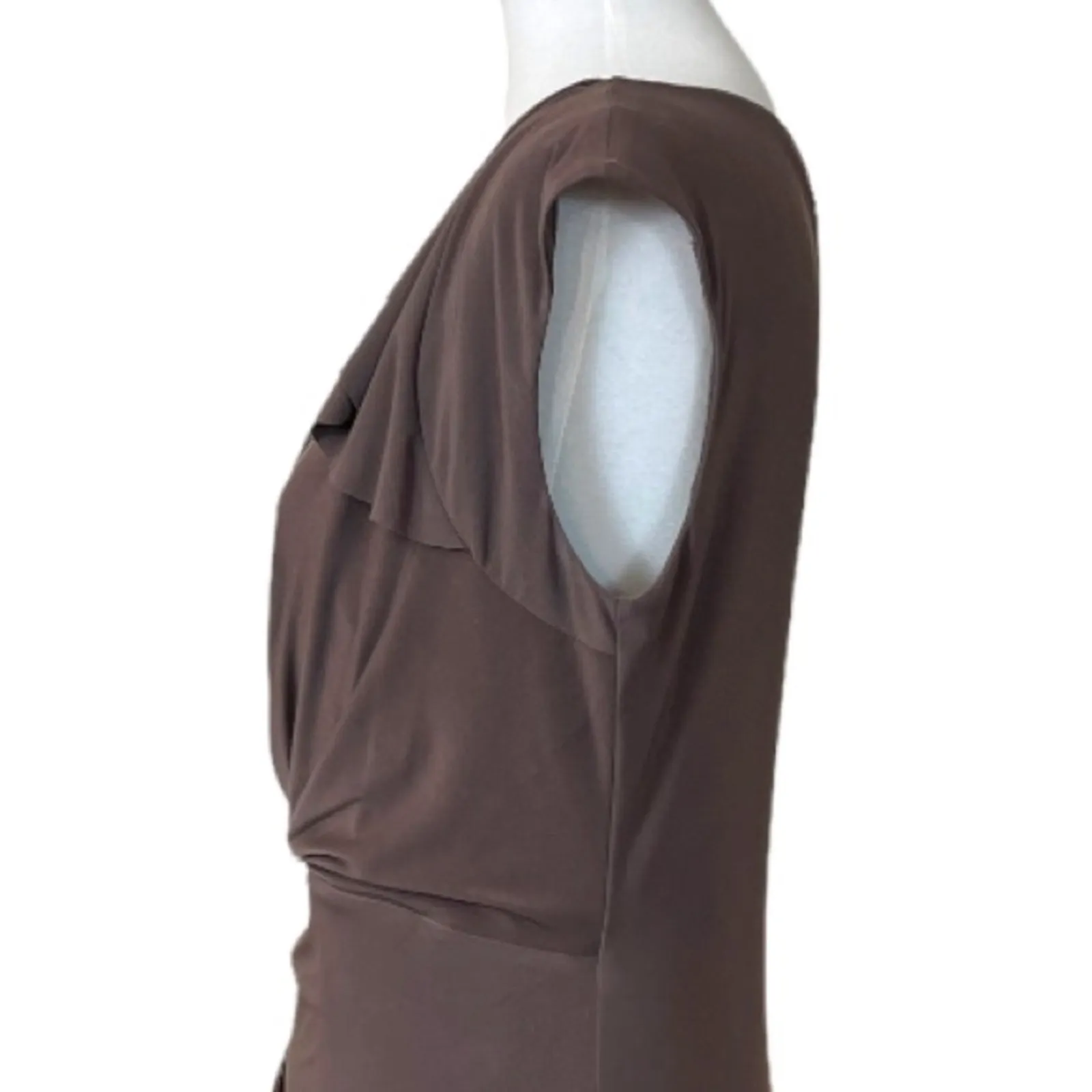 Max and Cleo Celine Taupe Shirred Cascade Wrap Skirt Sheath Dress Size Small - Image 10