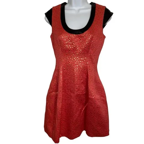 CUT25 By Yigal Azrouel Melon/Gold‎ Leather Trim Jacquard Dress EUC Size 2 Orange - Image 2