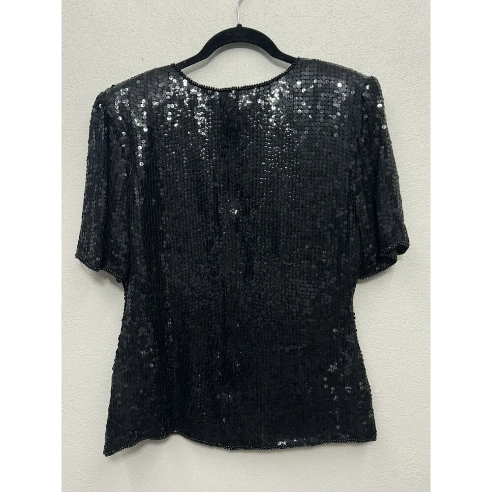 VTG Stenay Silk Beaded Sequin Embroidered Top Medium Floral Black Wedding Event Green - Image 2