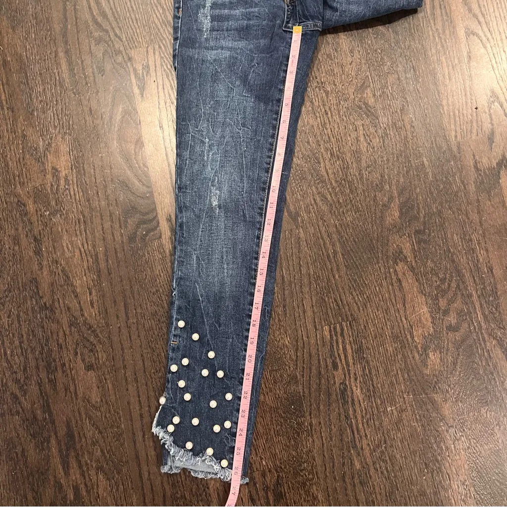 Zara Blue Straight Leg Jeans with Pearl Details Size 2 - Image 7