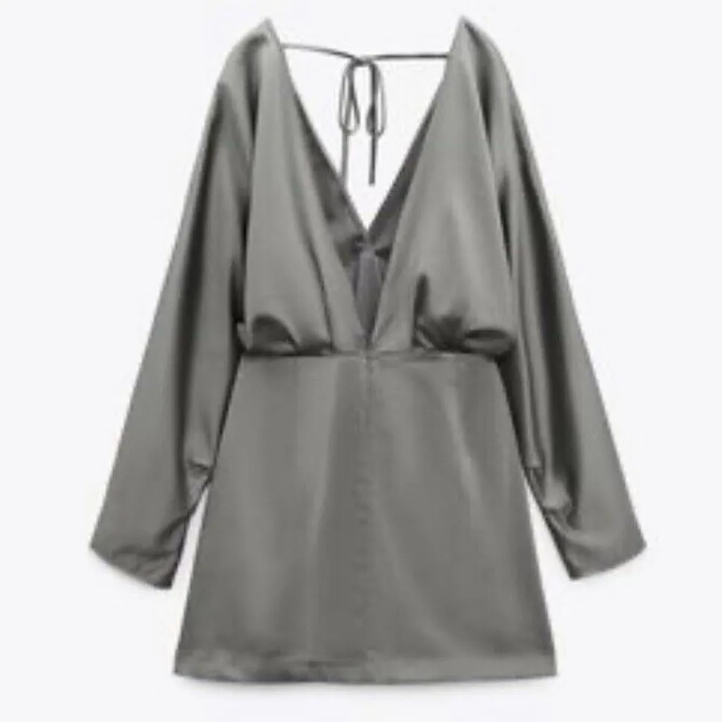 Zara batwing ruched draped contrasting satin long sleeve mini dress - Image 4
