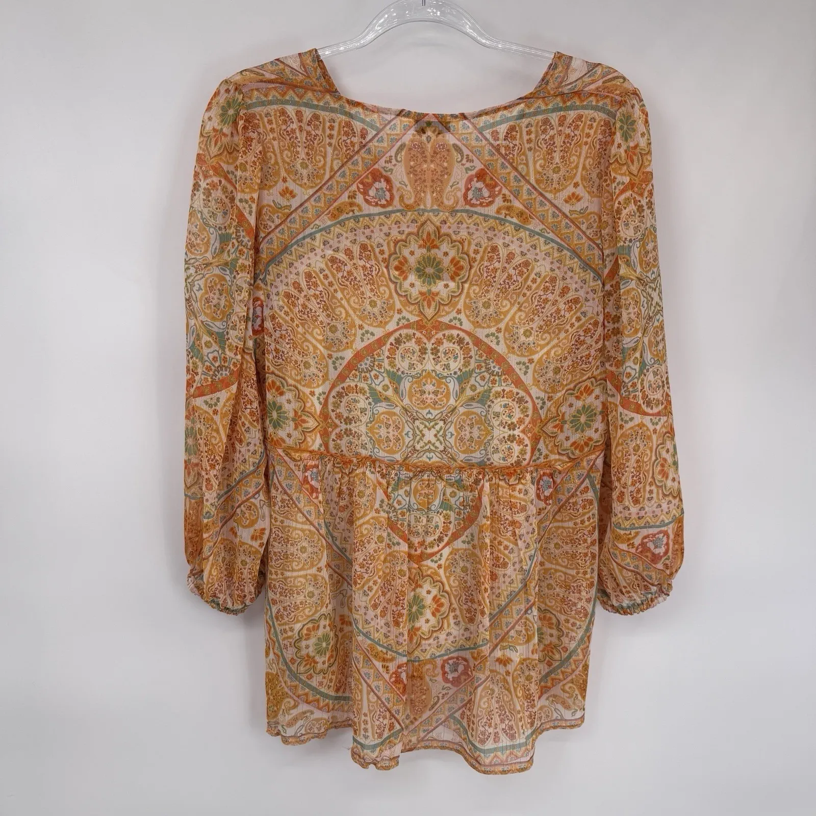 Rose + Olive Lined Flowy Hippie Top Womens Small Orange Metallic Gold Polyester - Image 8
