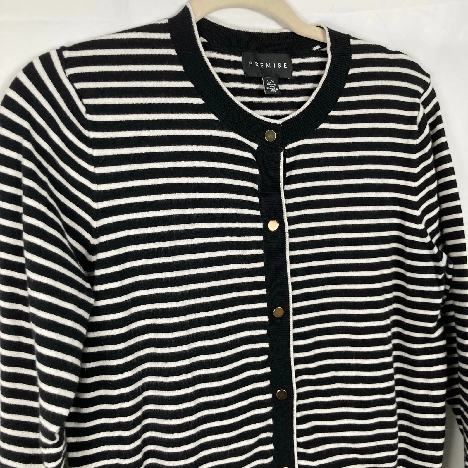 Premise Womens L Black & White Stripe Gold Button Cardigan Nautical Classic Prep - Image 1