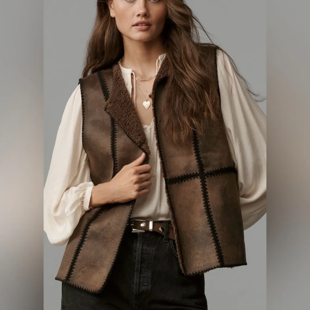 By Anthropologie Stitched Sherpa Fleece Vest Brown XS - Image 2