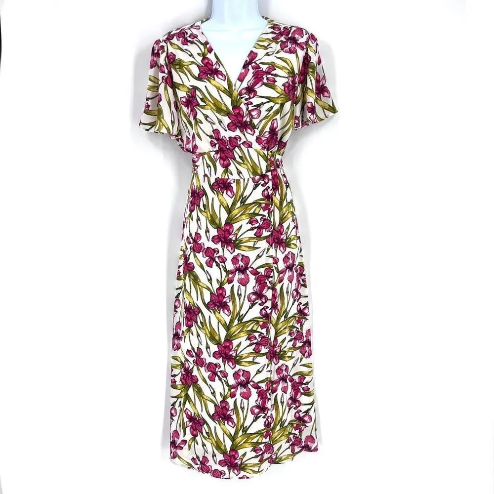 June & Hudson Women's Floral Wrap Dress Maxi Spring Tie Back Red White Size larg Size L - Image 4
