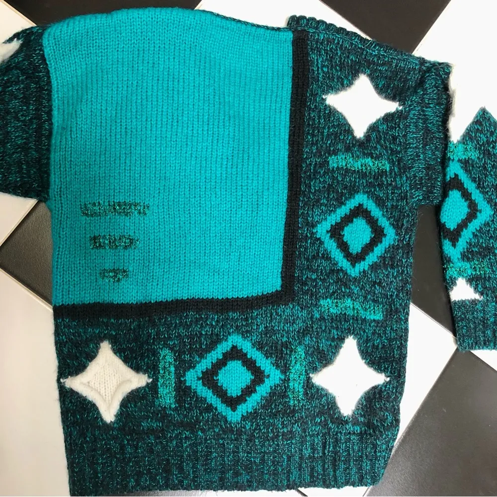 Vintage 80s 90s Susann D V Neck Sweater Blue Green Teal Abstract Geometric Knit Multiple Size M - Image 7