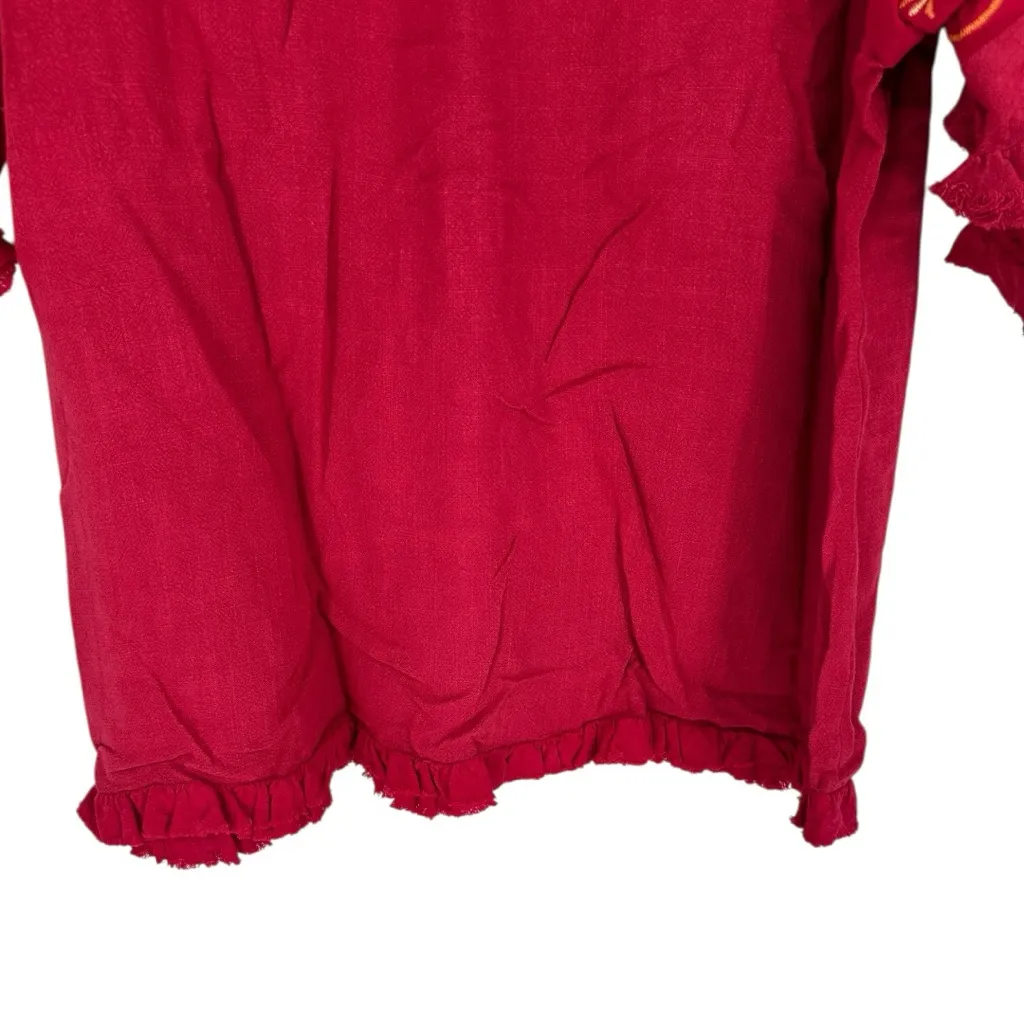 Umgee Linen Blend Top with Embroidery Bell Sleeve in Scarlet size Medium Boho - Image 7