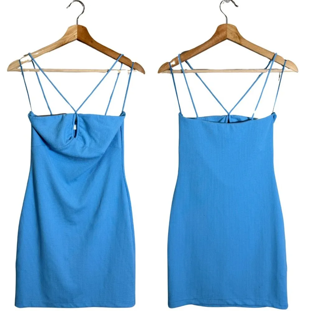 Mango Crisscross Strap Bodycon Mini Dress Women's 2 Blue Going Out Ribbed NWOT - Image 4