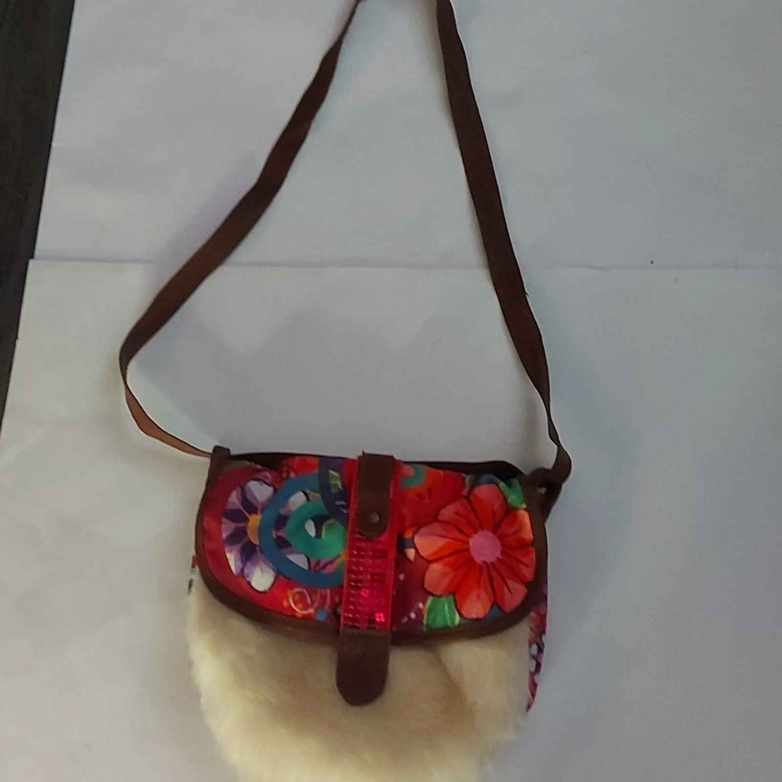 Desigual Floral Faux Fur Crossbody Bag Boho Chic Colorful Winter Retro Festival - Image 3