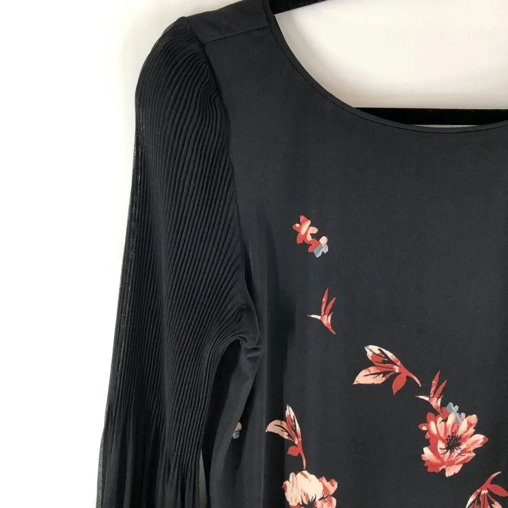 White House Black Market Floral Shift Dress Pleated Sheer Sleeve Black Pink S - Image 2