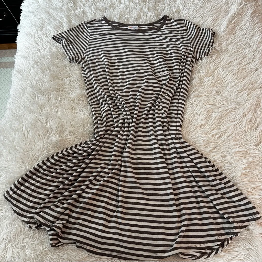LuLaRoe Carly Striped Swing Dress Gray Brown Ivory Pocket Soft Stretch Medium - Image 9