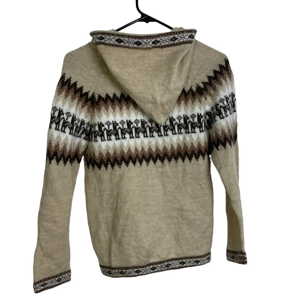 San Miguel Alpaca Hoodie Sweater Small Womens Cream Brown Full Zip Drawstring - Image 2