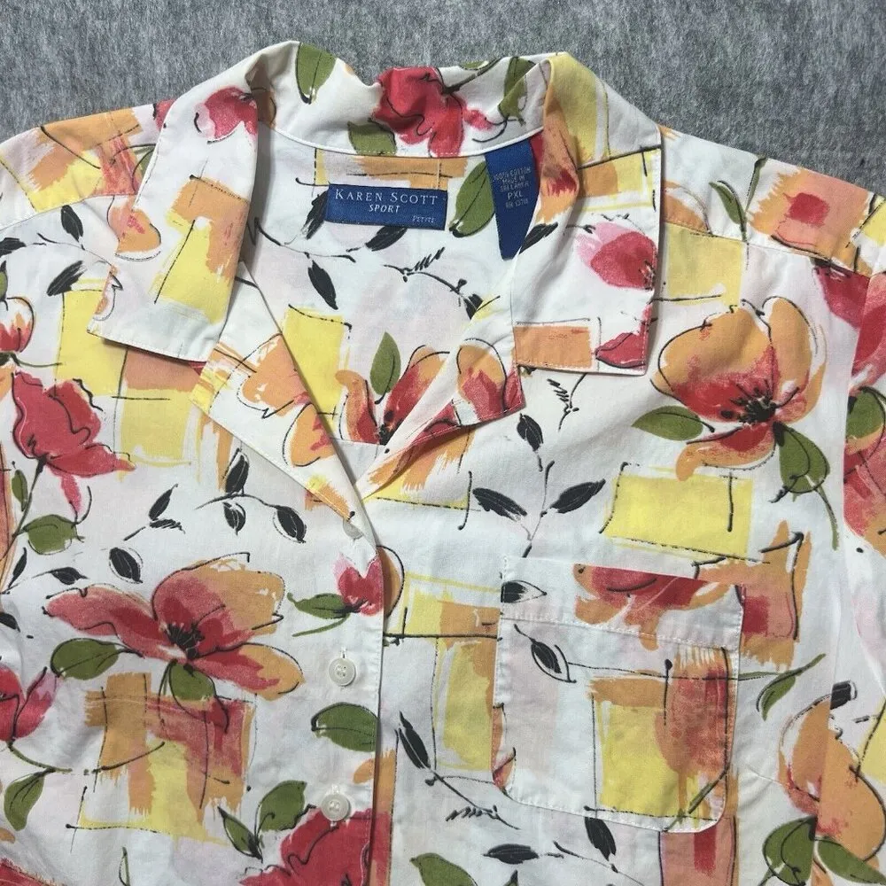 Karen Scott‎ Top XL Petite Button Front Floral Collar Floral Short Sleeve - Image 3