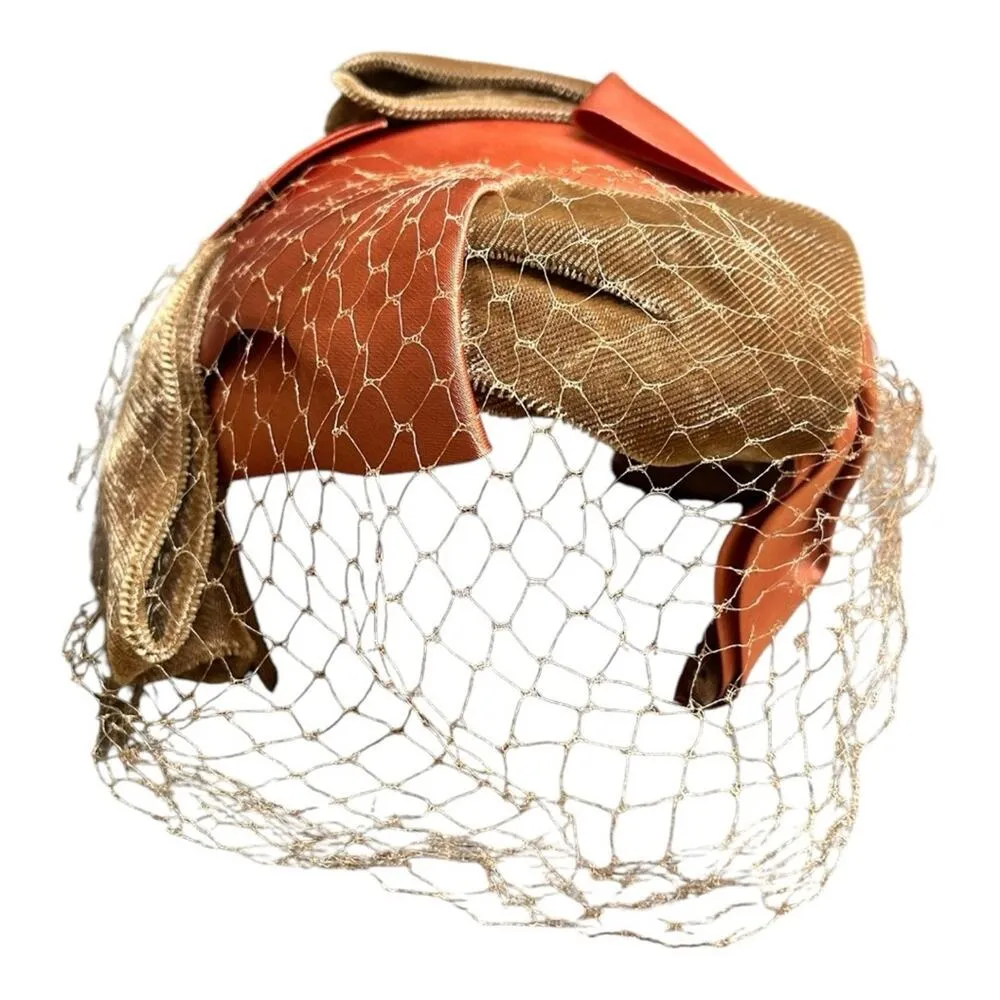 Vtg 50s 60s Velvet Satin Shell Hat with Veil Netting Taupe & Olive Petal Design Tan - Image 4