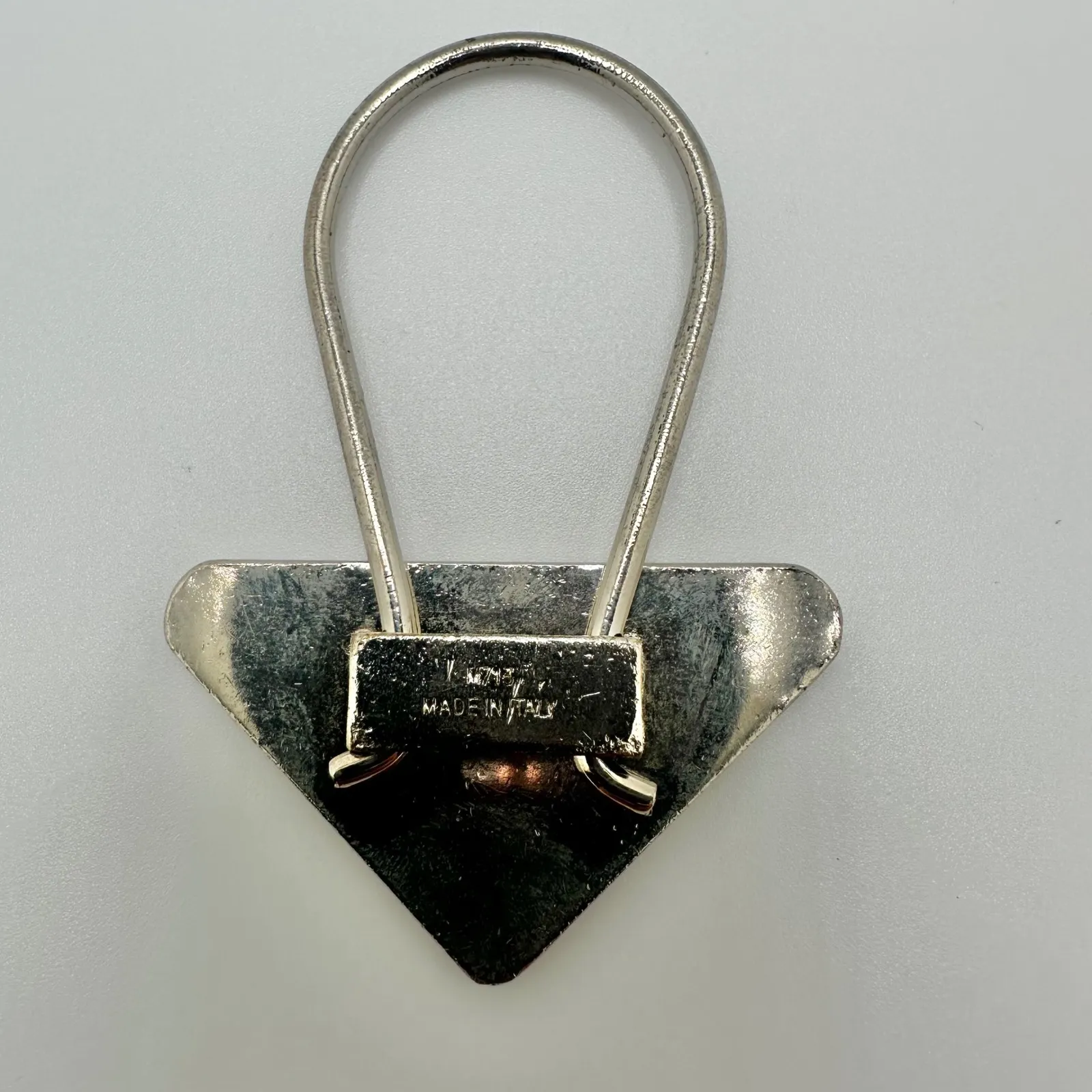 Authentic Prada Triangle Logo Key Ring Keychain Yellow Enamel Silver Tone - Image 6