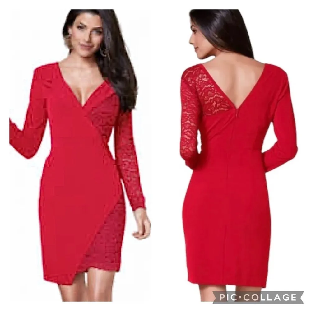 Venus Dress Red Lace Faux Wrap Mini Long Sleeve 6 Cocktail Party Chic Glam - Image 3