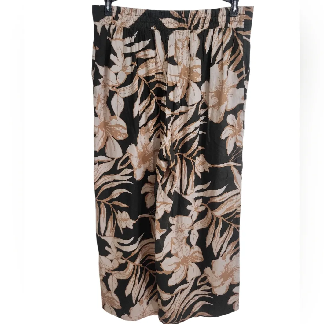 Rachel Zoe Linen Blend Pants Sz L Wide Leg Floral Print Green Pull On - Image 2