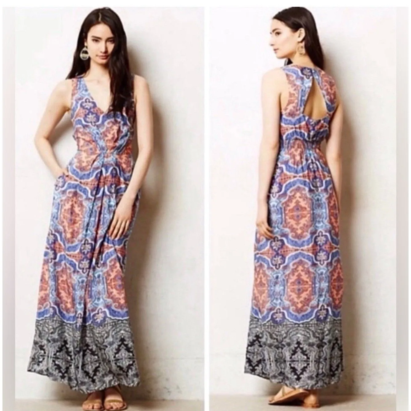 Anthropologie Maeve Blue Orange Maxi Sleeveless Long Tribal Paisley Dress 10 - Image 2