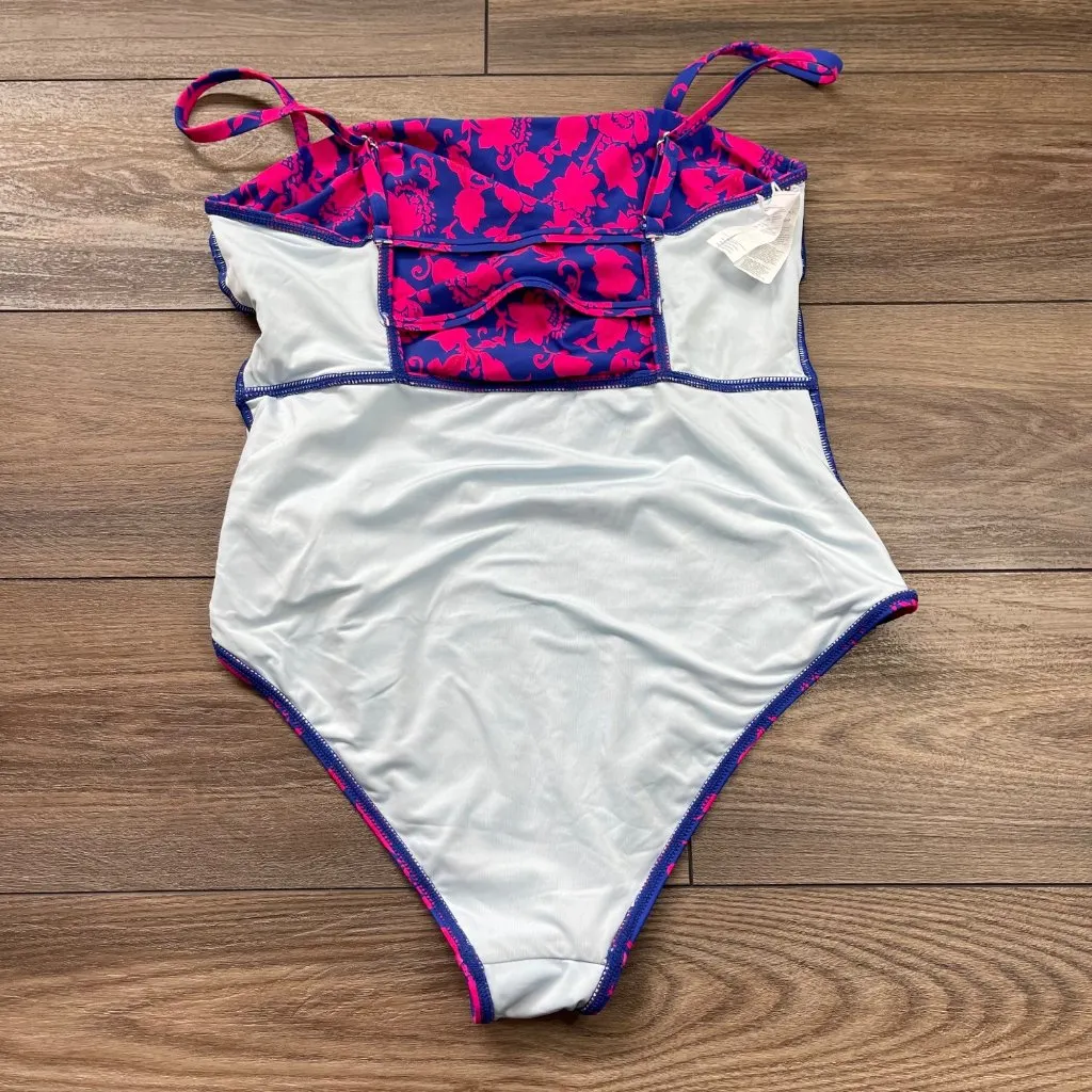 Cupshe Square Neck Ruched One-Piece Swimsuit Womens Size Large Pink Floral‎ FLAW - Image 7