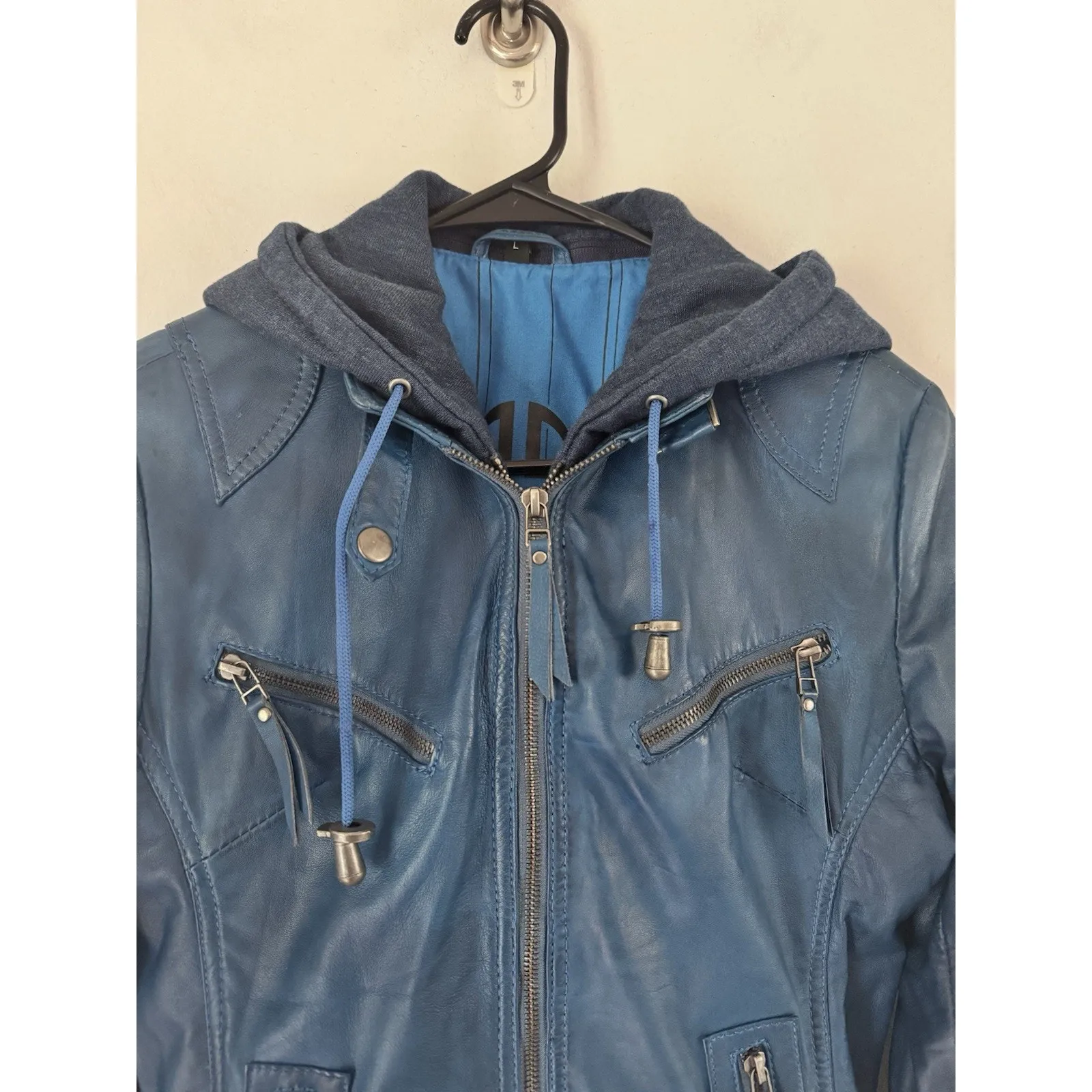 Sanovation Barcelona Blue 100% Sheep Skin Leather Bomber Jacket Women’s Small - Image 4