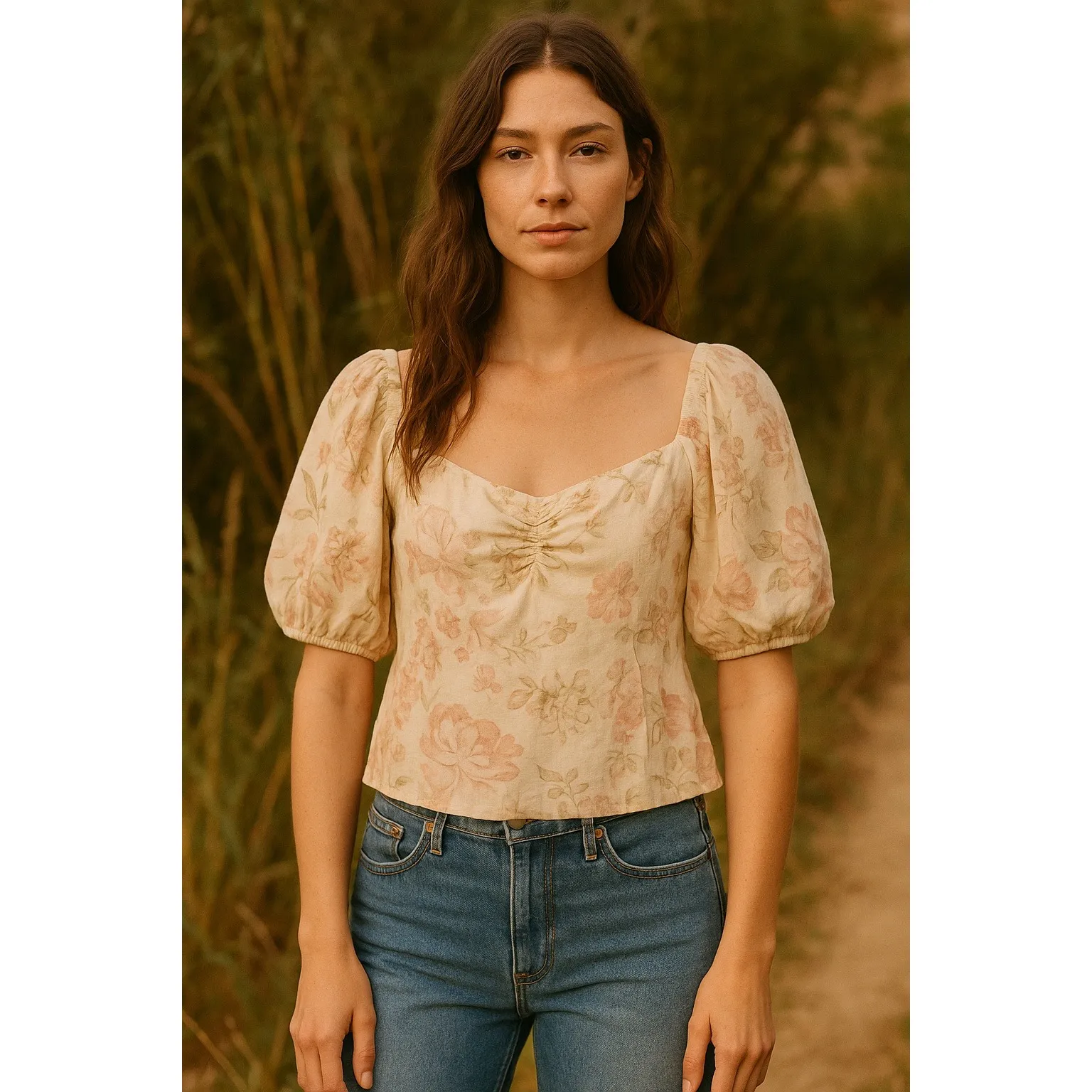 Womens Top Size M Beige Pink Linen‎ Floral Puff Sleeve Cottage Milkmaid Coquette - Image 2