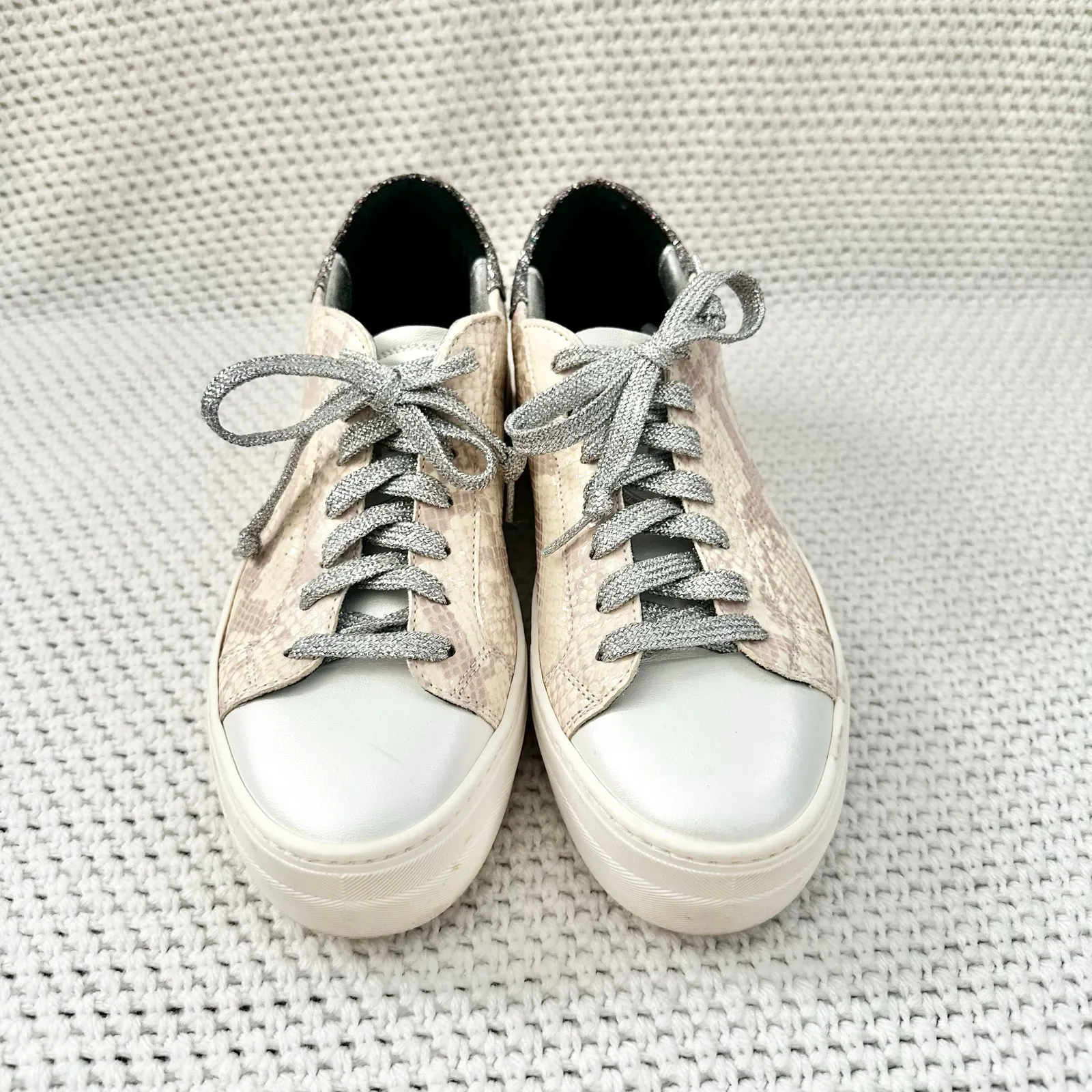 P448 Beige Snake Print Thea Low To Platform Lace Up Sneaker Glitter Heel 40 Wmn - Image 4