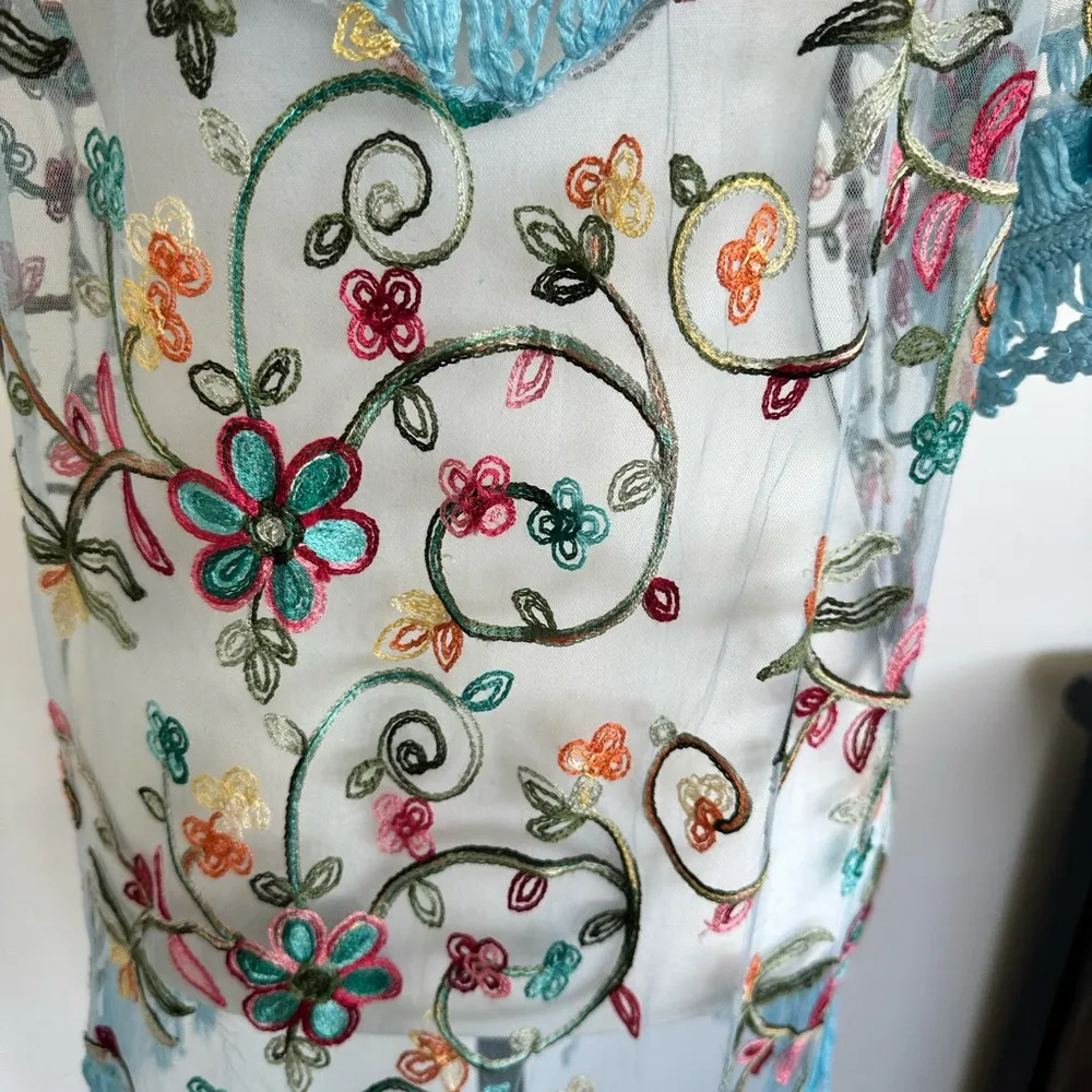 Colorful Embroidered Sheer Tunic with Fringe Blue Size undefined - Image 4