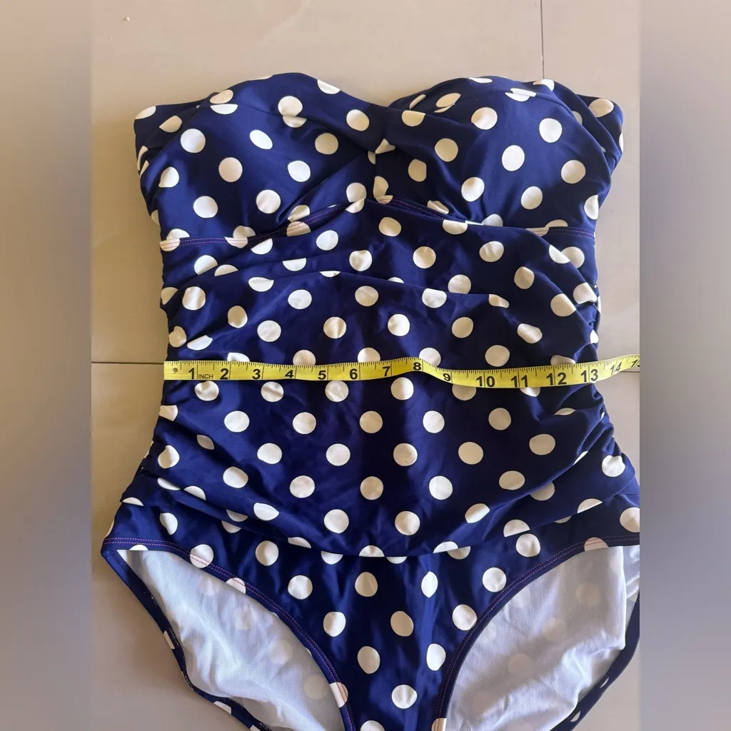 Boden One Piece Swimsuit Bathing Suit Polka Dot Blue White Size 12 Missing Strap - Image 13