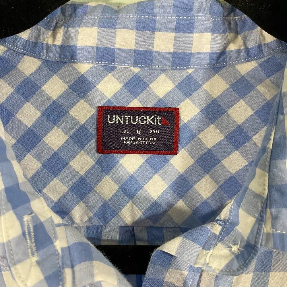 Untuckit Women's Blue & White Gingham Button Up Aria Long Sleeve Shirt Size 6 - Image 3
