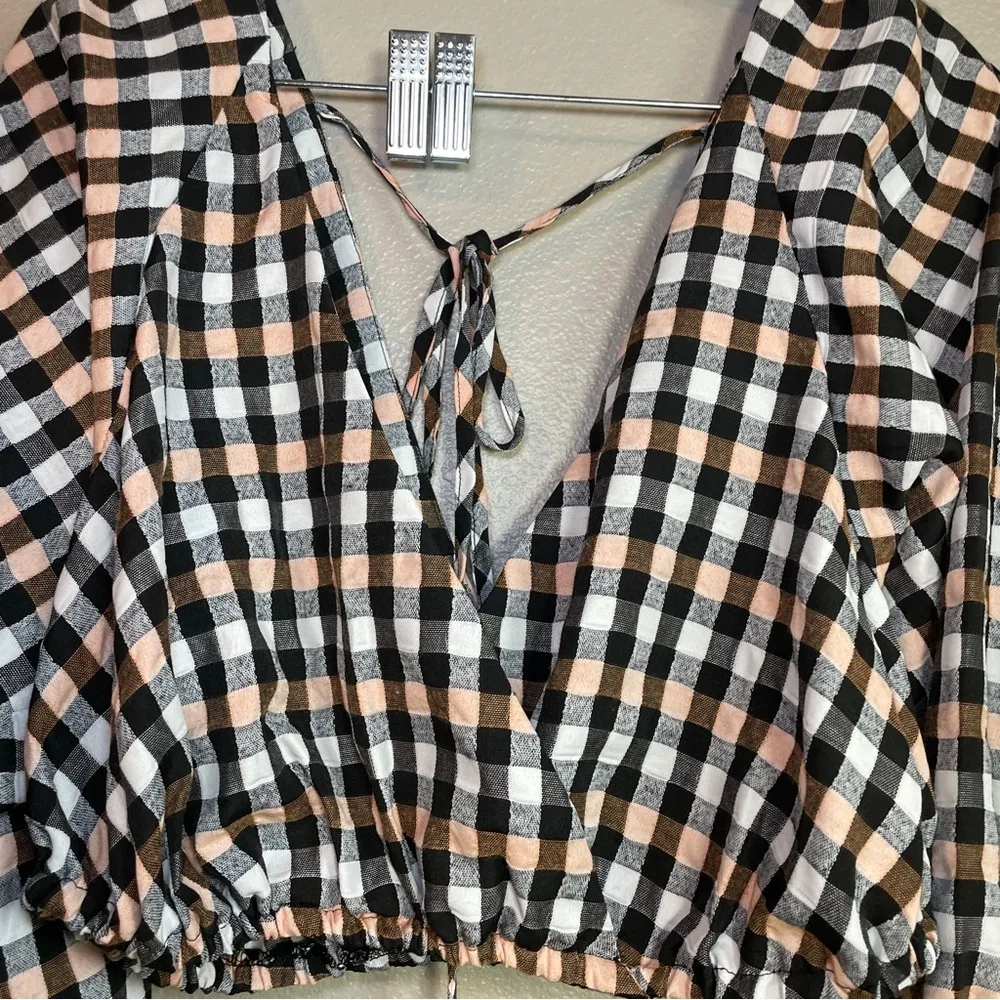 Asos Design Crop Top Sz 6 Seersucker Check Wrap Plaid Balloon Sleeves - Image 5