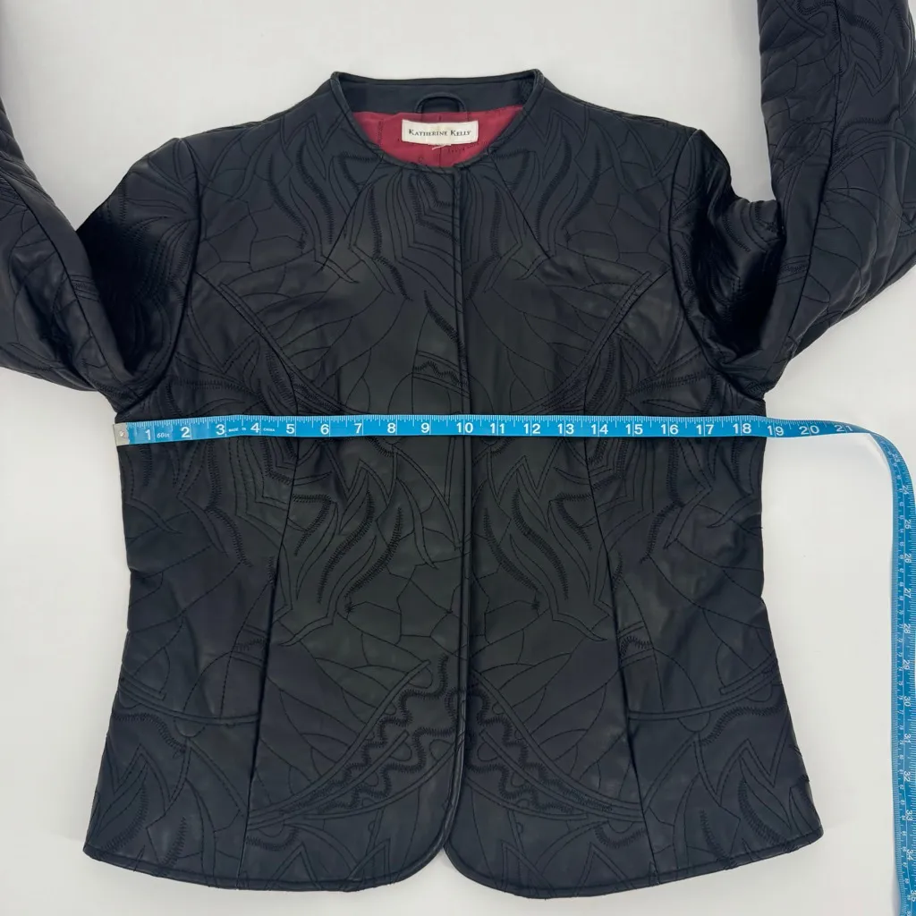 Katherine Kelly Black Floral Quilted Lambskin Leather Jacket S - Image 7