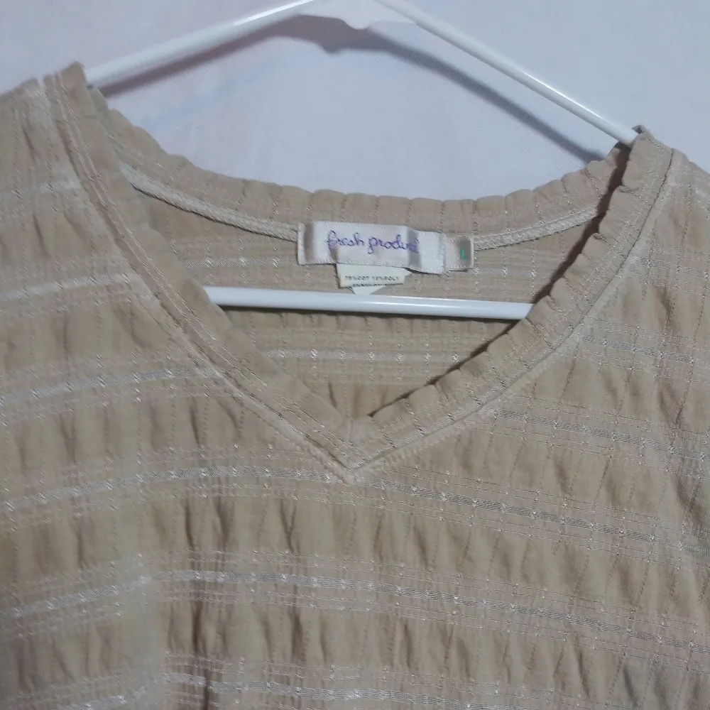 Fresh Produce Tan Textured V-Neck Cotton Top Neutral Natural Size L - Image 2