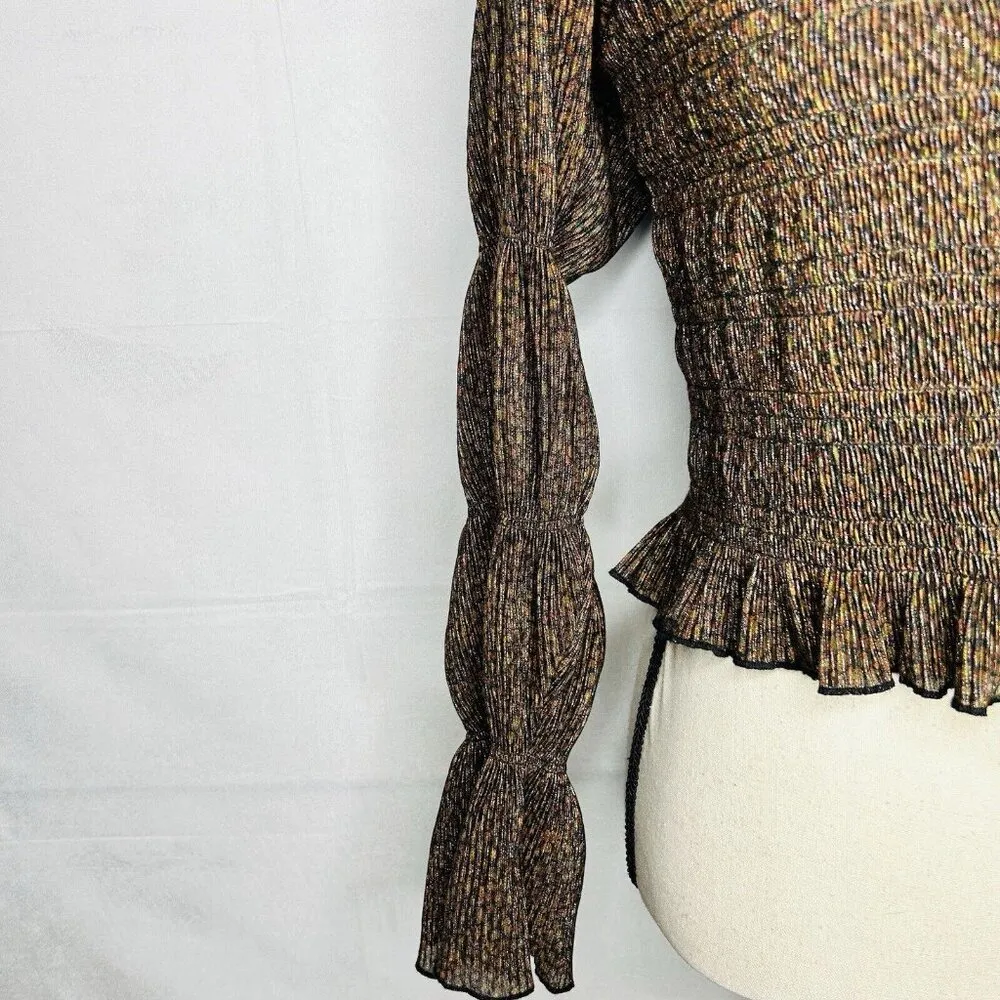 Anthropologie Bubble Sleeve Crop Blouse Top Boho 90s Sz M Brown Black Metallic - Image 4