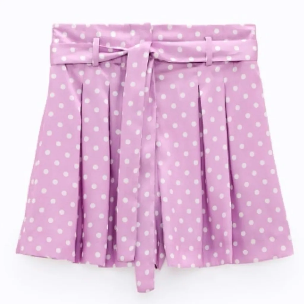 ZARA Lilac & White Polka Dot High Waisted Flowy Satin Belted Paperbag Shorts XS‎ - Image 6