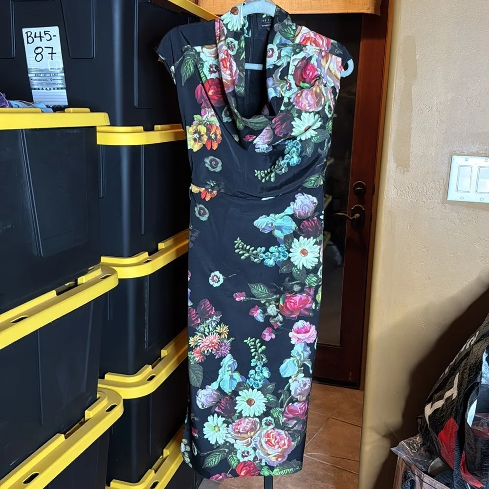Ted Baker Robyne Oil Painting Floral Cowl Neck Midi Dress Size 1 / US 4 - Image 9