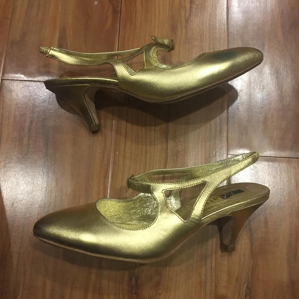 Gold Leather Matiko Sling Back Heels Size 6 - Image 3