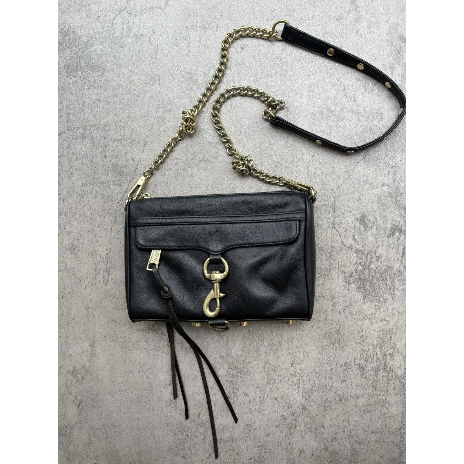 Rebecca Minkoff Black Leather Crossbody Handbag Purse Mini MAC Gold Tone Chain - Image 4