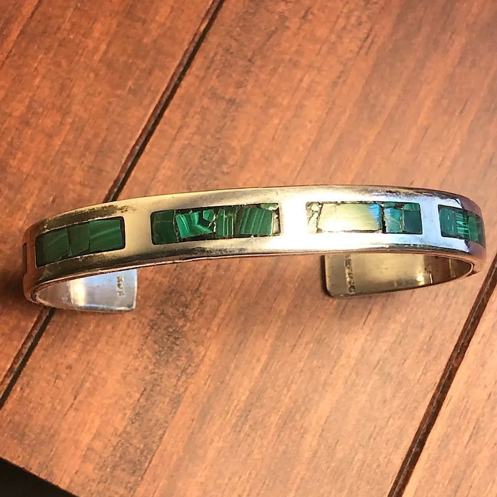 Sterling Silver & Malachite Cuff Bangle Bracelet - Image 6