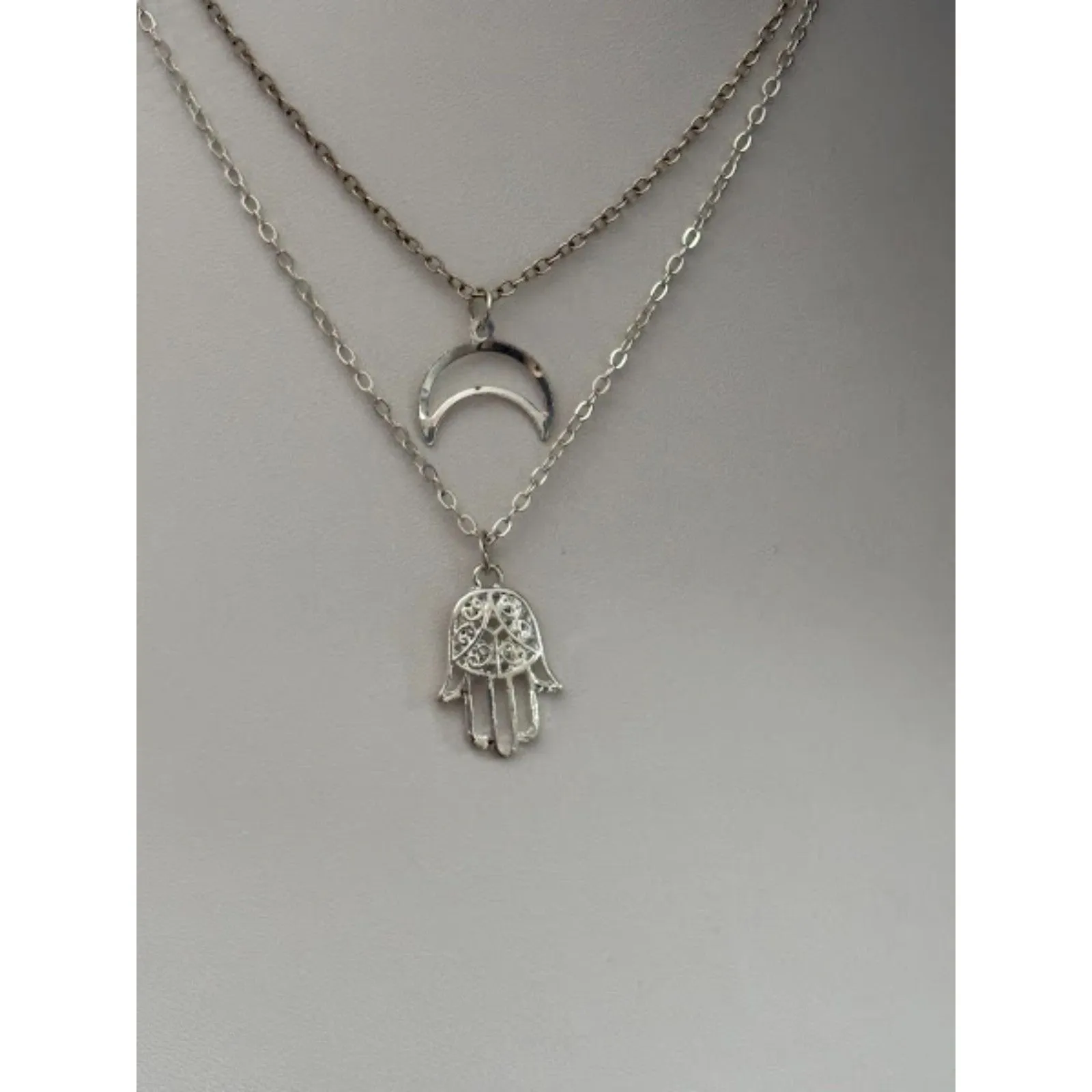 Hamsa Hand & Crescent Moon Necklace – NWOT Silver - Image 2