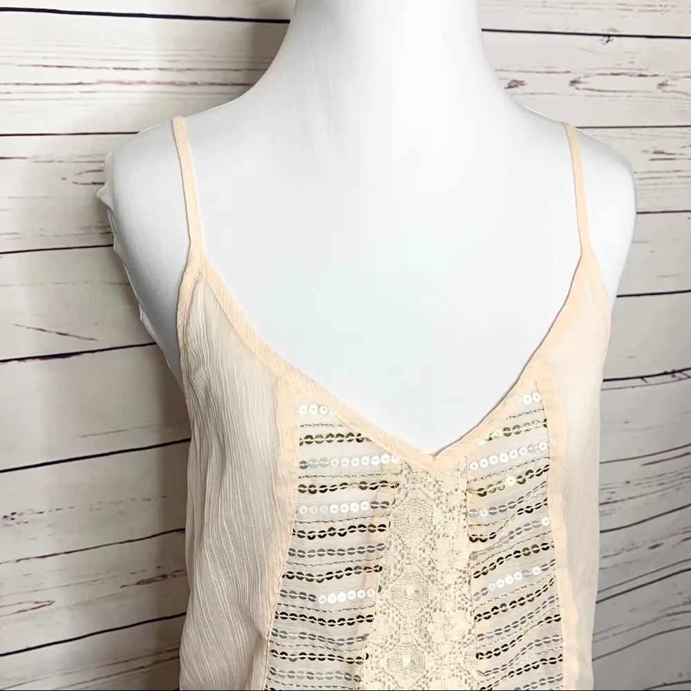 Hollister Sheer Cream Sequin & Lace Ruffle Trim Peasant Tank Top Size Small - Image 3