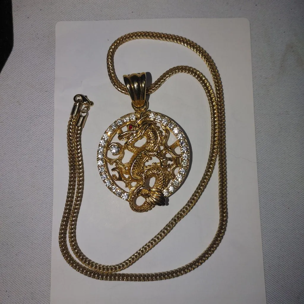 Gold Chinese Dragon Year Pendant Necklace Gold Tone Rhinestones 22 inch Chain - Image 12